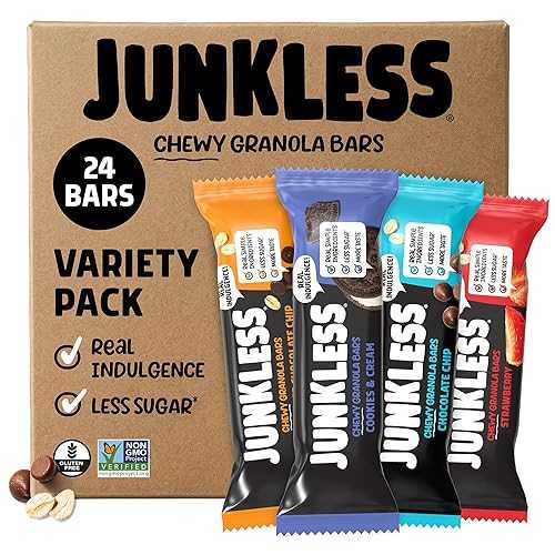 NEW JUNKLESS Chewy Granola Bars Variety Pack, Gluten-Free, Non-GMO, Low Sugar Snack Bars, Healthy Kids Snack for School \u0026 Lunch Boxes, 24 Count