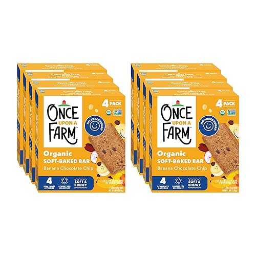 Once Upon a Farm / Organic Banana Chocolate Chip Soft Baked Bar / Chocolate, Banana, Vanilla \u0026 Oats / Made with Real Fruit \u0026 Veggies / No Added Sugar / 8 Boxes