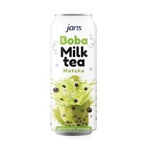 Jans Boba Milk Tea Matcha Flavor, Sweet \u0026 Creamy Taiwanese Milk Tea Drink with Tapioca Bubble Boba, Canned Matcha Green Tea Latte Beverage, 16.9 Fl Oz Can (Pack of 12)
