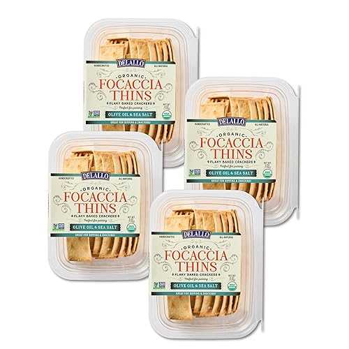 DeLallo Focaccia Thins, 100% Organic, Gourmet Toasts Made with Olive Oil and Sea Salt, Warm Toasty Flavor, Perfect for Charcuterie Boards and Snacking, 6 薬局衡オンス Box, (4 Pack)