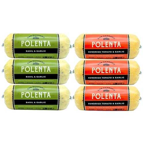 San Gennaro Italian Polenta Variety Pack, 6 Tubes (3 Sun-Dried Tomato \u0026 Garlic, 3 Basil and Garlic) / Crafted from Seasoned Yellow Corn / Gluten Free Non-GMO Cornmeal, Roll Ready for Quick Easy Dishes