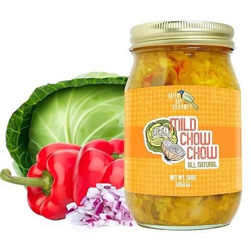 Green Jay Gourmet Relish - Mild Chow Chow Relish - Mild Southern Relish \u0026 Spread - USA Made - For Burgers, Hot Dogs, Sandwiches \u0026 More - Gluten-Free, No MSG \u0026 Small-Batch - 16 Ounces