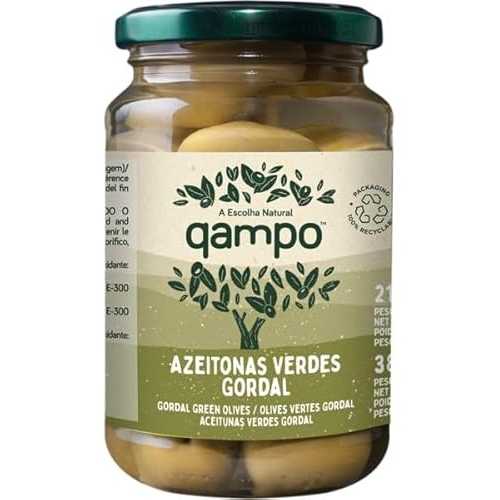QAMPO - Premium Selected Green Gordal Olives - 3 x 13.05薬局衡オンス Glass Jars