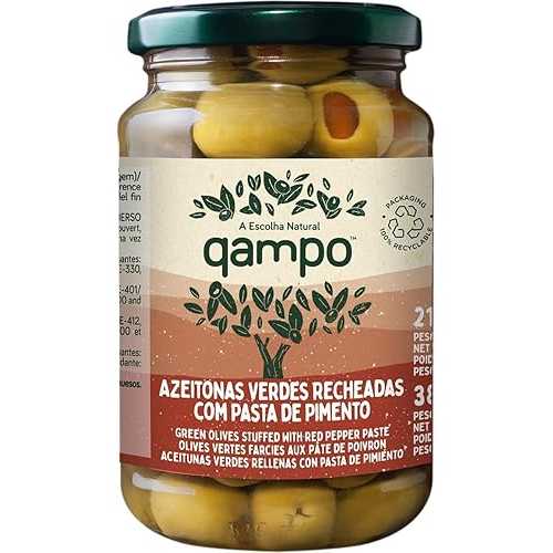 QAMPO - Premium Selected Green Olives Stuffed With Pimento / Pepper paste - 3 x 13.05薬局衡オンス Glass Jars
