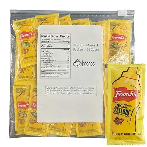 Mustard Packets (7g) - Gift Assortment - 50 Count Single Serve - Mustard Condiment Packs with 8 x 8 inch Chronos Food Safe Slide Seal Bag