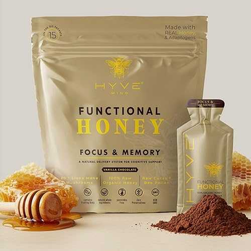 HYVE Mind Functional Honey Focus \u0026 Memory Organic Honey with Lion\u0027s Mane Mushrooms, Raw Cacao, Bee Pollen \u0026 L-Theanine Cognitive Support, 15 Packets
