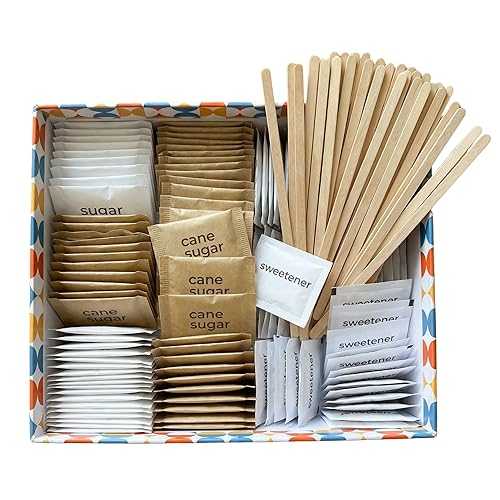 Eva\u0027s Gift Universe Sugar and Sweetener Packets Assortment with Wooden Coffee Stirrers and Varieties for Home Office Coffee Bar or Gift 450 Count