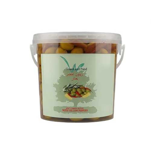 Generic IMPORTED FROM JORDAN GREENLAND FOOD Spicy Green Olives with Yellow Peppers, Premium Mediterranean Pickled Green Olives インチ Brine, [ 52 OZ, 3.25 LB ] (1474 GRAM)