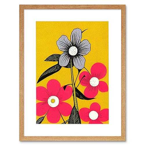 Wee Blue Coo Bold Flowers Linocut Pink and Mustard Yellow Print Artwork Framed Wall Art Print 12X16 Inch