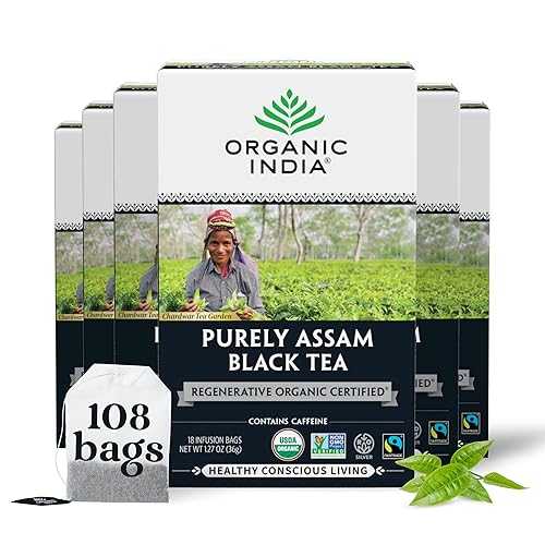 Organic India Purely Assam Black Tea - Caffeinated Herbal Tea Bags with Natural Assam Leaves, Enjoy with Milk \u0026 Sweetener, USDA Organic, Non-GMO, Fairtrade Certified - 18 Bags (Pack of 6)