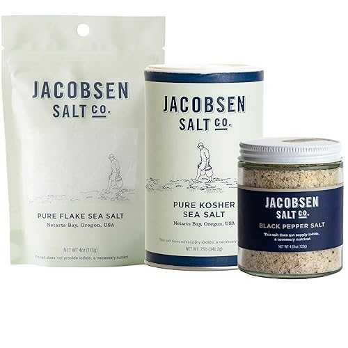 Jacobsen Salt Co. Variety Pack - Coarse, Non-Iodized Made インチ USA, Non-GMO, Steak Seasoning, Gourmet, Real Salt Flakes - Pure Kosher, Flake \u0026 Black Pepper Sea Salt (Pack of 3)
