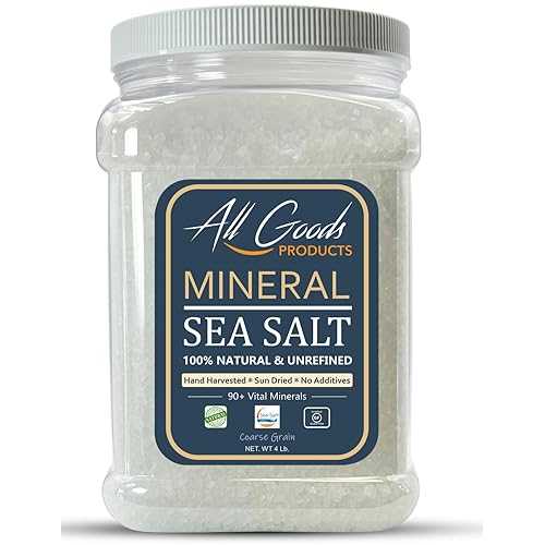 All Goods Products Baja Mineral All Goods Mineral Coarse Grain Sea Salt, 4 LB. Natural Mineral Salt from Mexico, Unrefined, Hand-Harvested, 90+ Essential Minerals, Kosher, 30% Low Sodium.