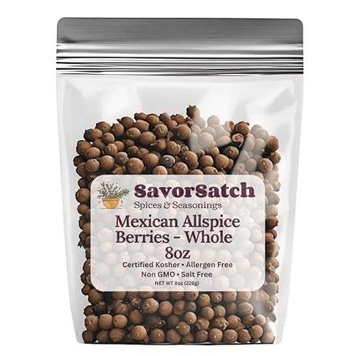 SavorSatch Whole Allspice Berries Pimenta dioica - Certified Kosher, 8薬局衡オンス Resealable Pouch / Fresh, Aromatic, All-Natural Spice for Cooking, Baking, Pickling, Bottle Refill, and Grinder Refill