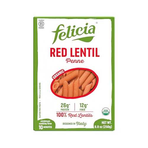 Felicia Gluten Free Pasta, Red Lentil Penne, 26G Protein per Serving, Organic High Protein and Fiber Noodles, Designed インチ Italy, Plant Based, Made From 100% Lentils, Non GMO, 8.8 Oz, 6 Boxes