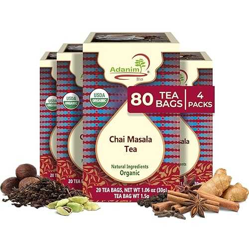 Adanim Bio Organic Masala Chai Tea Bags 80 Bags / Bold Black Tea with Ginger, Cardamom \u0026 Cinnamon / USDA Organic, Vegan, Kosher