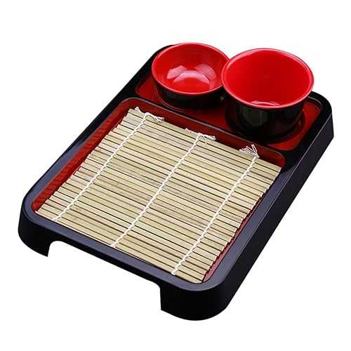 Amosfun Japanese Style Soba Noodle Plate Set Rectangular Udon Noodles Dish with Bamboo Mat and Sauce Cups