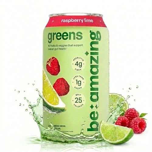 Be Amazing Greens Drink, Rasberry Lime, Vitamin Drinks With 10 Organic Fruits and Vegetables, Coconut Water, Vitamin C, and Prebiotic Fiber, 25 Calories, Low Sugar, Vegan and Gluten Free, 8 Pack