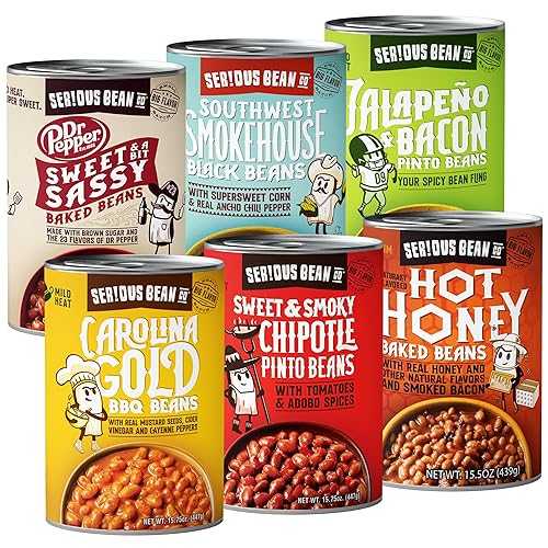 SERIOUS Bean Co Ultimate Variety 6-Pack Fully Cooked and Ready to Serve Canned Beans: Hot Honey Baked Beans, Southwest Smokehouse Black Beans, Jalapeno \u0026 Bacon Pinto Beans, Sweet and a bit Sassy Dr Pepper Baked Bean