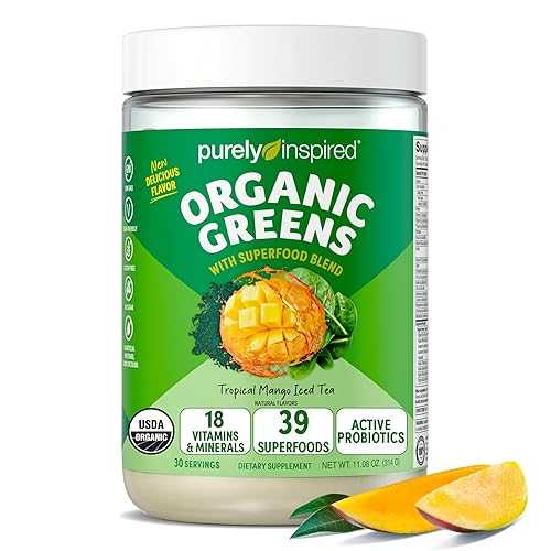 Purely Inspired Organic Green Powder Smoothie Mix, Tropical Mango Iced Tea Flavor (30 Servings) - Probiotics for Digestive Health with Spirulina \u0026 Chlorella for Gut Health - Vegan
