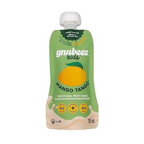 Gnubees Kids Protein Smoothie, 12 Count 4g Protein + 4g Fiber / Ready-to-Drink Protein Shake with Real Fruits, Peanut and Nut FREE, Prebiotic, Mango Tango, 125 ml