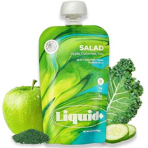 Liquid Salad High Fiber Veggie Pouches by Liquid Plus, Convenient Greens Smoothie with Prebiotic Fiber, Superfoods, Veggies and Fruits, Healthy Vegan and Gluten Free Snacks with 15 Vitamins \u0026 Minerals, Gut Health Supp