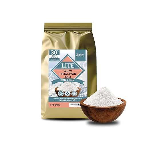 Pacific Pelican Iodized Lite White Himalayan Salt / 30% Less Sodium / Fine Grain, Unrefined, Pure Rock Salt, 100% Natural \u0026 Organic for Cooking, Seasoning \u0026 Wellness (2 LBs)