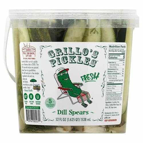 Generic Pickles Classic Dill Pickle Spears, 5 calories per serving. Gluten free. A fat free food, CUCUMBERS, BRINE (WATER, DISTILLED WHITE VINEGAR, SALT), GARLIC, DILL, GRAPE LEAVES. [ 52 薬局衡オンス, 3.25 重量ポンド ]