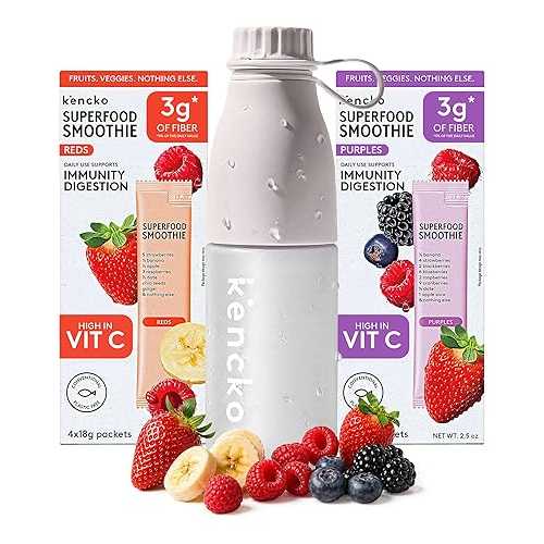 kencko Instant Smoothie Powder Mix Starter Kit, 8 Pack with Reusable Bottle - Reds \u0026 Purples - Freeze-Dried Fruit \u0026 Veggie Superfood Powdered Drink Mix - Vegan, Dairy Free \u0026 No Added Sugar