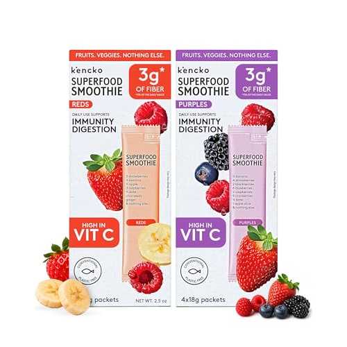 kencko Instant Smoothie Powder Mix Variety Packets, 8 Pack - Reds \u0026 Purples - Healthy Freeze-Dried Fruit \u0026 Veggie Superfood Powdered Drink Mix - Plant-based, Vegan, Dairy Free \u0026 No Added Sugar
