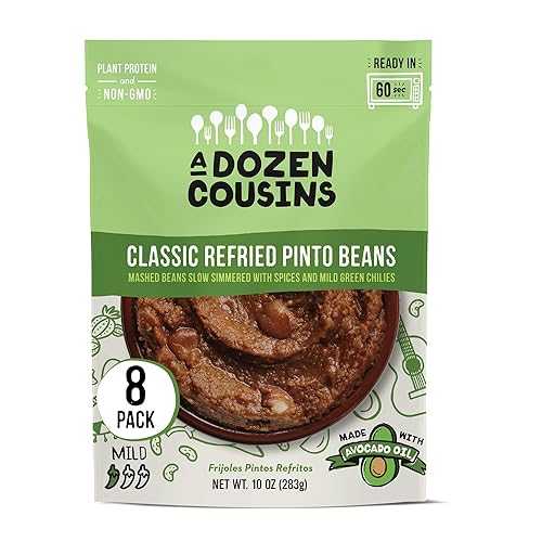 A Dozen Cousins Meals A Dozen Cousins Seasoned Refried Beans - Microwave Meals Vegan Pinto Beans - Non-GMO Meals Ready to Eat Made with Avocado Oil (Refried Pinto Beans, 8-pack)