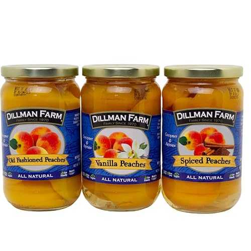 Dillman Farm Peach Halves Variety Pack-Old fashioned, Vanilla \u0026 Spiced Peaches- Gluten-Free, Non-GMO, Eco-Friendly Vegan, Kosher, Preservative Free, Corn Syrup Free - Made インチ USA, 16薬局衡オンス (pack of 3).