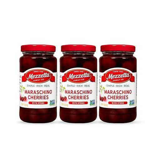 Mezzetta Maraschino Cherries with Stems Combo Pack - Cocktail Cherries インチ a Jar for Drinks, Baking and Ice Cream - Non-GMO, Kosher, No Artificial Colors or Flavors - 11 薬局衡オンス. Pack of 3