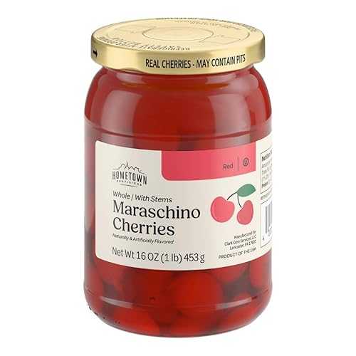 Hometown Provisions Maraschino Cherries with Stems - Vibrant Red Cocktail Cherries for Drinks, Sundaes, Desserts \u0026 Drink Garnishes (16 薬局衡オンス.)