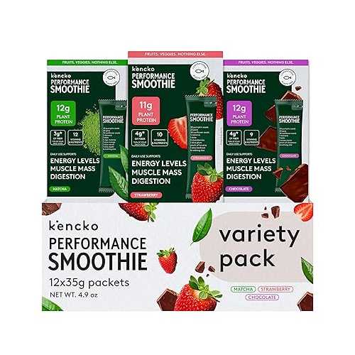 kencko Instant Protein Smoothie Powder Mix Variety Packets, 12 Pack with Shaker - Strawberry, Chocolate \u0026 Matcha - Healthy Freeze-Dried Fruit \u0026 Veggie Superfood Drink Mix - Plant-based \u0026 No Added Sugar