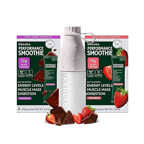 kencko Instant Protein Smoothie Powder Mix Variety Packets, 8 Pack with Shaker Bottle - Strawberry \u0026 Chocolate - Healthy Freeze-Dried Fruit \u0026 Veggie Superfood Drink Mix - Plant-based \u0026 No Added Sugar