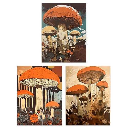 Artery8 Set of 3 Earthy Orange Mushrooms Ceps Wild Edible Fungi Botanical Aesthetic Unframed Wall Art Living Room Poster Prints Pack