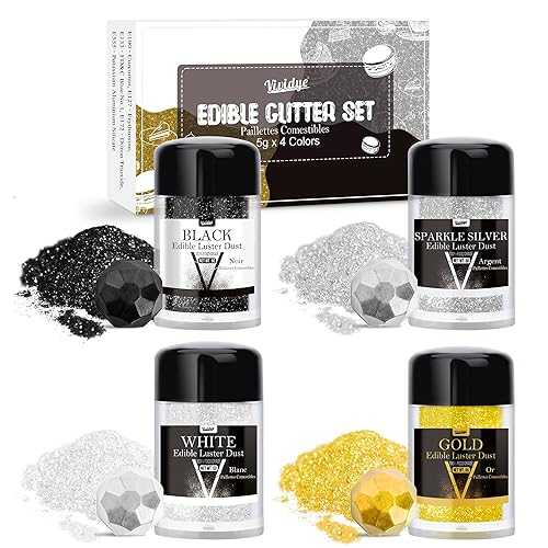 Vividye Edible Glitter - 4 Colors 5g / Bottles Luster Dust Edible Glimmer Powder for Sparkling Drinks, Foods, Wine, Cake, Beverage - Food Grade Shimmer Dust Powder for Cocktails, Baking, Halloween Decoration