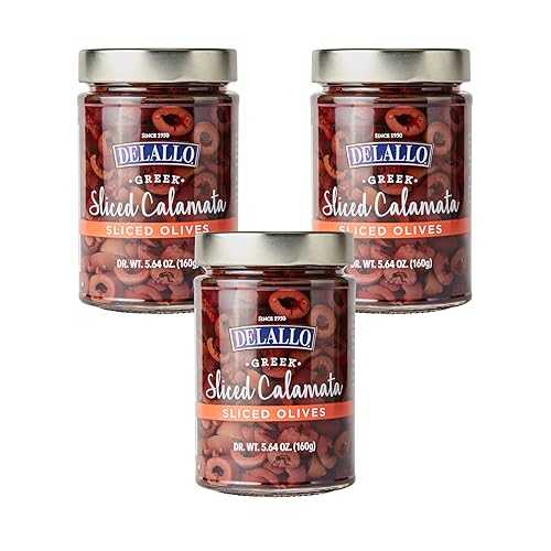 DeLallo Greek Sliced Kalamata Olives, 5.64 薬局衡オンス. Jar, (3 Pack), All Natural, Brine Cured