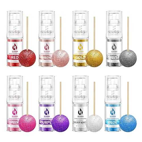 Herbeklab Edible Glitter Spray Set - 8 Colors Food Grade Cake Glitter, Metallic Shimmer Powder Spray for Cupcakes, Cookies, Chocolate, Strawberries \u0026 Drinks, 5g/Bottle