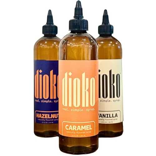 Dioko Flavors Coffee Syrup Variety Pack, Vanilla Hazelnut Caramel, 12 Fl Oz Each, 3 Pack, Liquid Form Syrup with Easy Pour Spout / No Artificial Dyes or Colors / Gluten Free / Perfect for Lattes, Iced Coffee, Coc