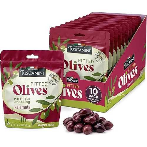 Tuscanini Italian Kalamata Pitted Snack Olives, 1 薬局衡オンス (10 Pack) / Olive Pouches for Snacking / No Oil / Gluten Free, Vegan / Pitted Olives / Great Travel or Office Snacks / Kosher (including Passover)