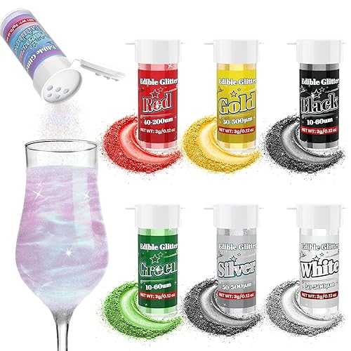 Muloen Edible Glitter for Drinks - 7 Colors Luster Dust Edible Set, Food Grade Glitter Sprinkle Powder for Cocktail, Cake Decorations, Beverages, Cookies, Strawberries, Fondant - Vegan, Iridescent Rainbow Color, Long