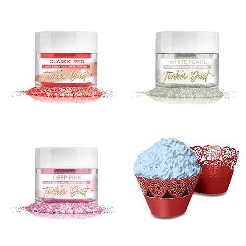 BAKELL Valentines Day Tinker Dust Edible Glitter, 5g Jar Set / Plus FREE Cupcake Liners, Red, Pink and White / TINKER DUST Edible Glitter / KOSHER Certified / 100% Edible Glitter