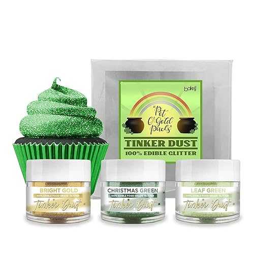 Bakell St Patrick\u0027s Day Gold \u0026 Green Edible Glitter Set (3pc) / TINKER DUST Glitter / KOSHER Certified / 100% Edible Glitter / Cakes, Cupcakes, Cake Pops, Drinks, Glitter \u0026 Dust