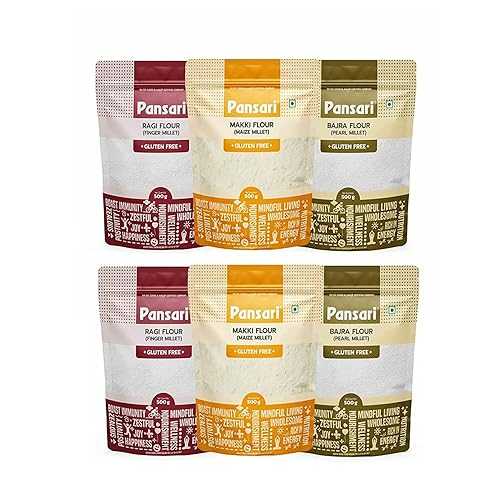 Pansari Multi Millet Flour Combo Pack of Finger Millet, Maize, Pearl Millet, Finger Millet, 100% Natural with High Vitamins \u0026 Iron Content Rich インチ Dietry Fibers with No Preservative \u0026 Glutten Free (17.6 Oz, Pack
