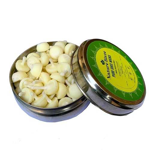 Nature Blaze Ghee Wicks Diya Batti / Wax Free Ghee Wicks for Puja, Festival and Occasions 100 Pieces (Ghee Wicks インチ Steel Box)