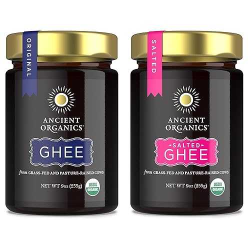 Ancient Organics Salted \u0026 Plain Ghee - Organic Grass Fed Ghee Butter, Gluten Free, Clarified Butter, Vitamins \u0026 Omegas, Lactose Reduced, Kosher, USDA Certified - 9 Oz (Variety Pack of 2)