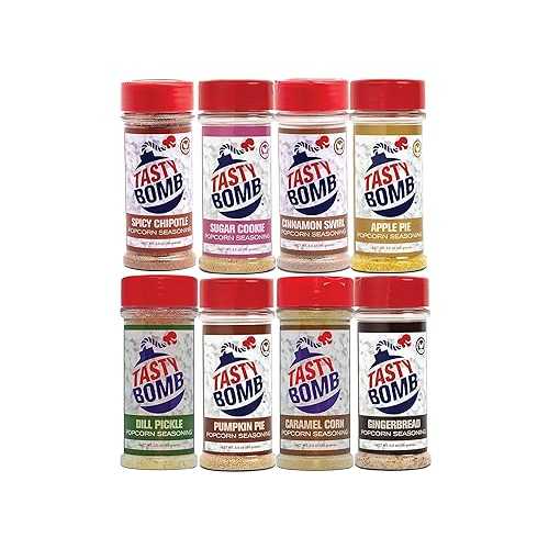 Tasty Bomb Vegan Popcorn Seasoning Variety Pack 8 Gourmet Flavors Dill Pickle, Sugar Cookie, Gingerbread, Pumpkin Pie, Apple Pie, Cinnamon Swirl, Caramel Corn \u0026 Spicy Chipotle All Natural, Non GMO \u0026 Gluten Free