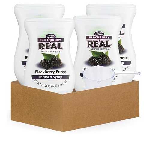 Puree - 4x Re Al Infused Exotics Syrup Blackberry Re・・l, 16.9 fluid ounce Bundle with Measuring Cup - Fruit-Infused Syrup for Mixology, Baking, and Dessert Toppings - Gift Set (5 Items) GROVE Puree 4x Re Al Infused