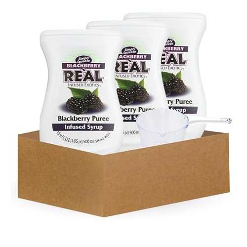 Puree - 3x Re Al Infused Exotics Syrup Blackberry Re・・l, 16.9 fluid ounce Bundle with Measuring Cup - Fruit-Infused Syrup for Mixology, Baking, and Dessert Toppings - Gift Set (4 Items) GROVE Puree 3x Re Al Infused